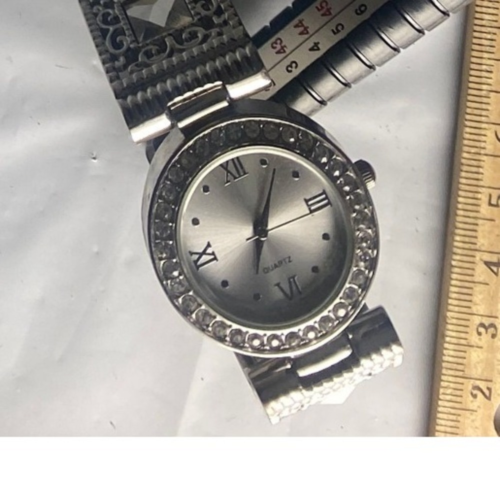 Womens Silver Tone Rhinestone Dial Watch